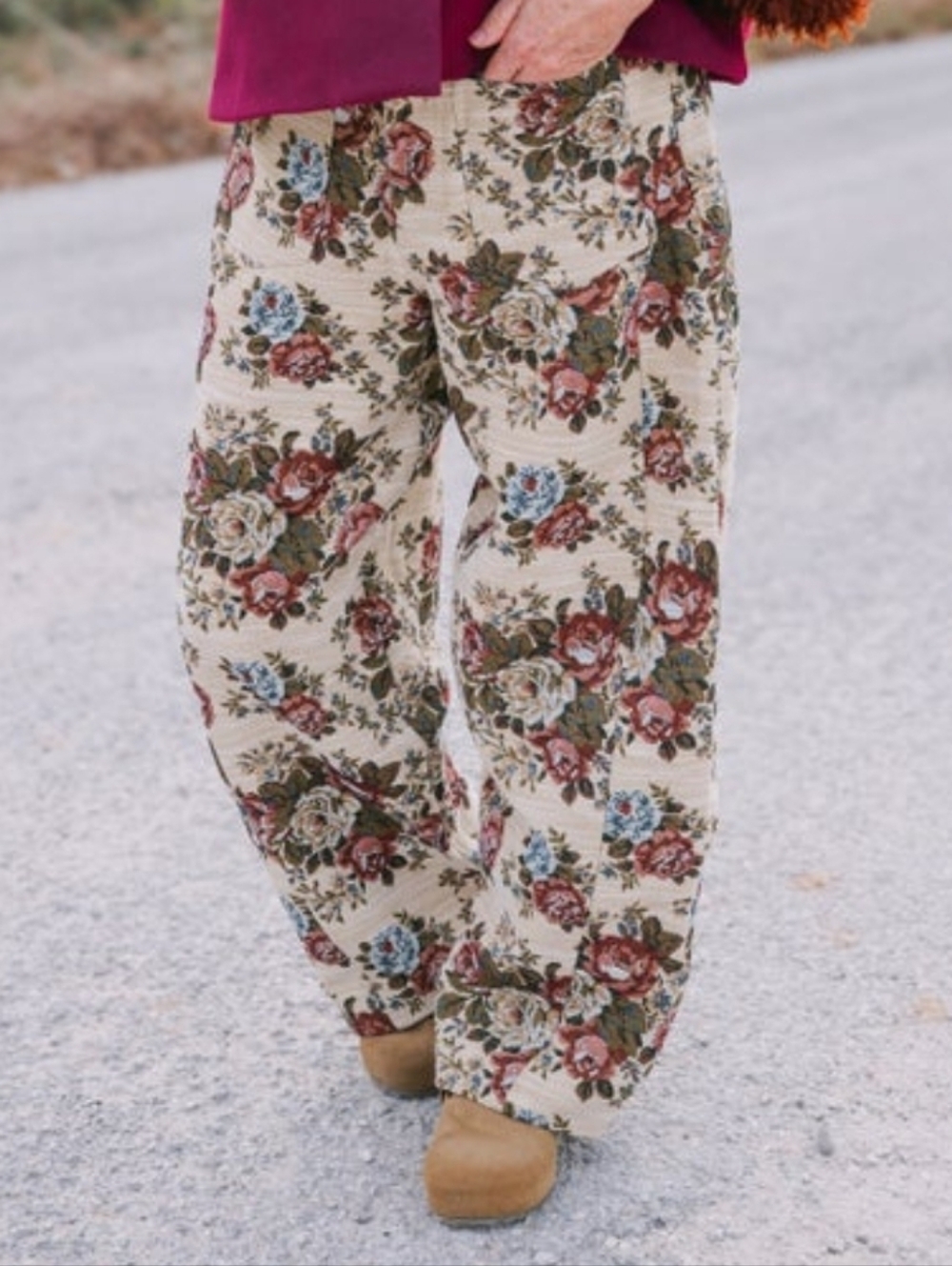 Mauve Floral Wide-Leg Women's Pants in Cream